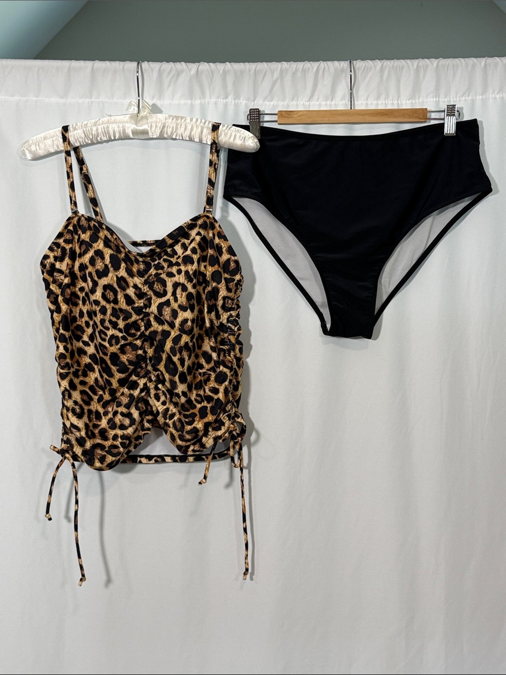 Leopard Print Tankini Top with Black High-Waist Bikini Bottoms